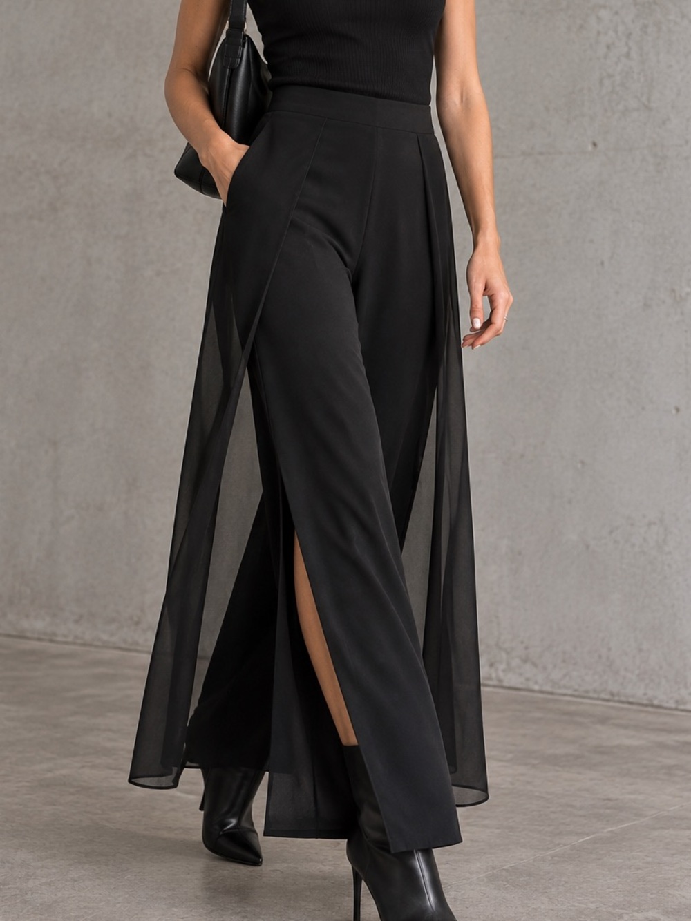 Black Sheer Overlay Wide Leg Palazzo Pants 90s Avant Garde Size 13/14